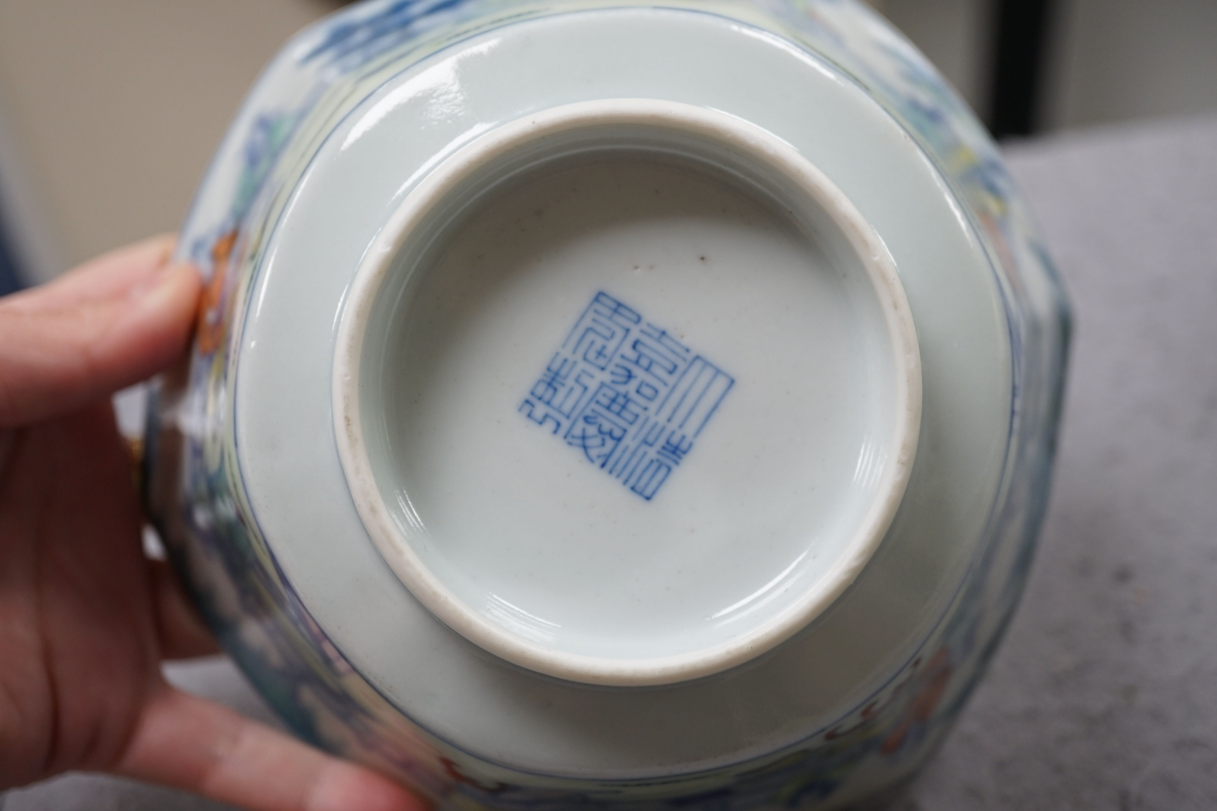 A Chinese doucai ‘scholars’ hexagonal bowl, Jiaqing mark and probably of the period (1796-1820)